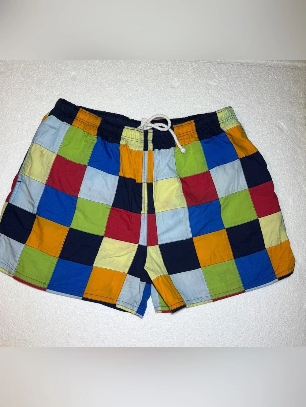 J. Crew Swim Shorts with White Drawstring Multicolored Patchwork Men’s XL